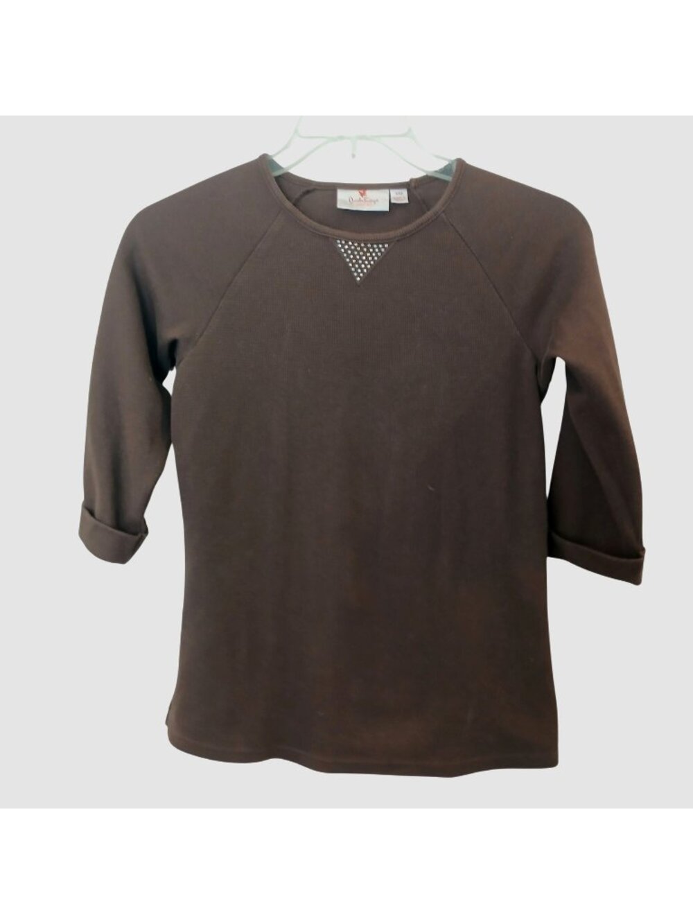 Quacker Factory  Brown Waffle Knit Top Sz XXS Rhinestones 3/4 Sleeve #D-42